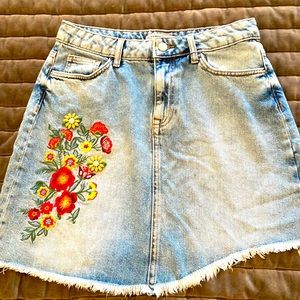 Zara Basic Denim Jean Skirt with embroidery and jeweled flowers